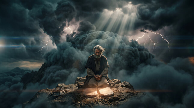 Moses Receiving the Ten Commandments From God on Mount Sinai, Biblical Exodus Story