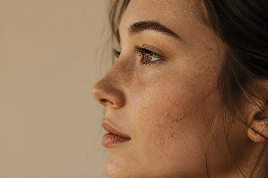 A close-up profile portrait of a young woman with freckles against a plain, light background.