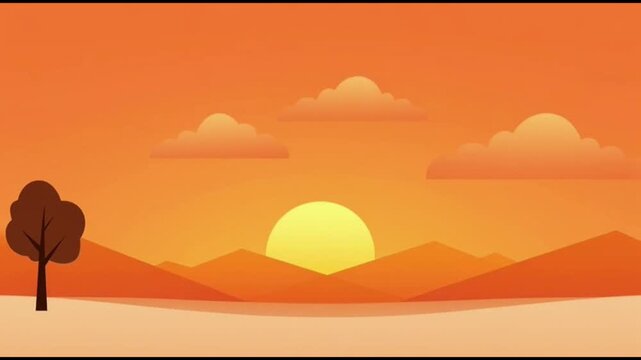Minimalist flat design vector illustration of a mountain landscape at sunset with a warm orange sky and lone tree silhouette