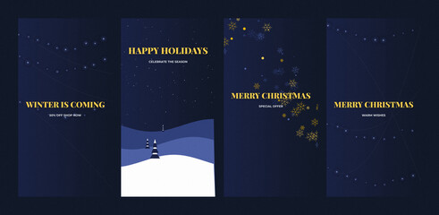 Winter banners showcase festive holiday greetings on deep blue backgrounds with twinkling golden lights. © Love is Life (LIL)