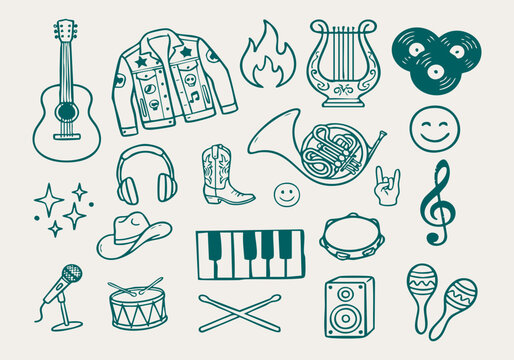 Hand drawn music instrument and rock band equipment doodle set featuring guitar, denim jacket with patches, vinyl records, French horn, lyre, cowboy boot, iambourine, drum and rock sign