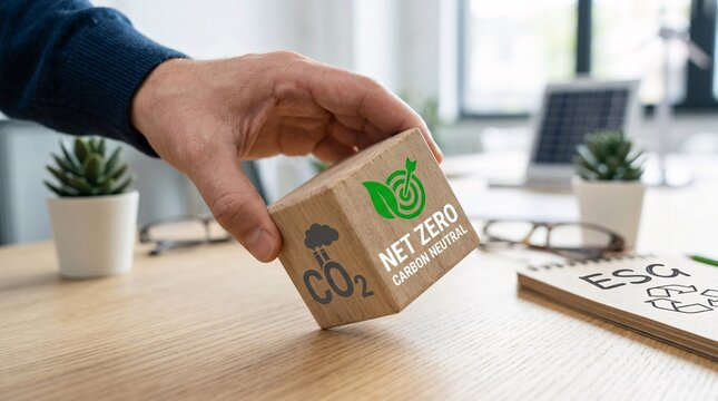 Hand holding a wooden cube with net zero and carbon neutral eco icons for sustainable business.
