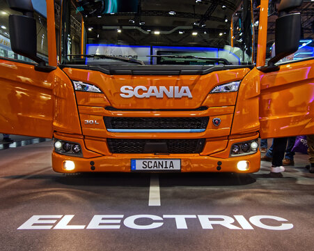 Scania electric truck presenting sustainable transport technology at a commercial vehicle exhibition in hanover
