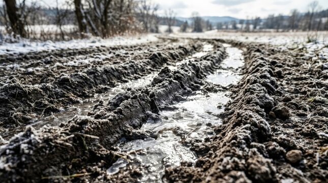 A close up view of a muddy path demonstrates frozen soil crack climate change impacts with melting ice water filling deep tire tracks under a winter sky, underscoring the muddy road