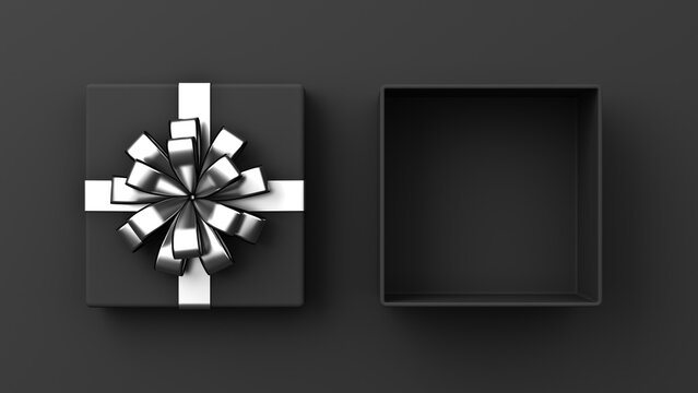 Blank black gift box products mockup display or top view of black present box tied with silver chrome ribbon bow on dark black background with shadow and copy space minimal conceps 3D rendering