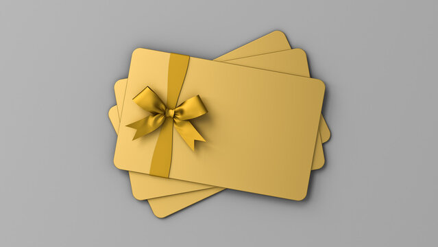 Blank gold business gift cards or bonus voucher mock up with gold ribbon bow isolated on grey background with shadow and copy space minimal concept 3D rendering