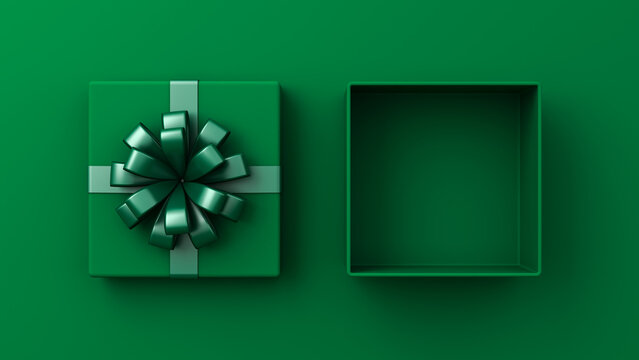 Blank green gift box products mockup display or top view of green present box tied with green ribbon bow isolated on dark green gradient background with shadow minimal conceptual 3D rendering