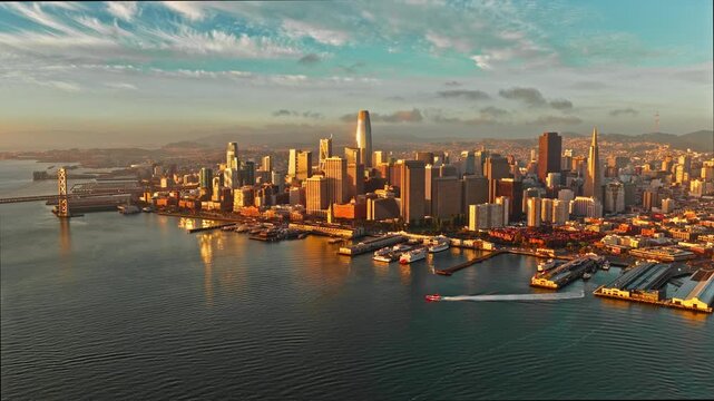 San Francisco Downtown Skyline And Waterfront At Sunset