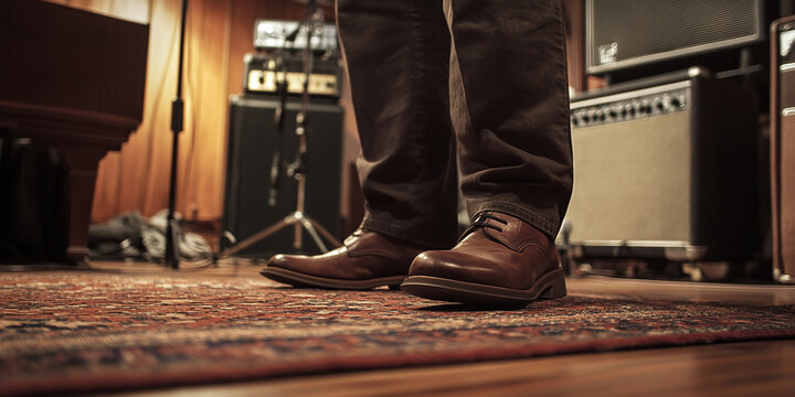 Musician standing in a recording studio with vintage leather shoes and amplifier equipment in the background during a professional music session for an album production project and creative band work