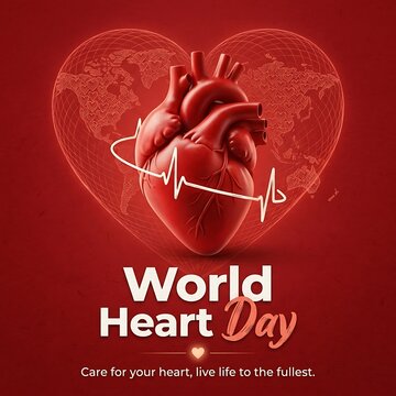 World Heart Day Poster Featuring 3D Human Heart, Global Map, and ECG Lifeline on Red Background