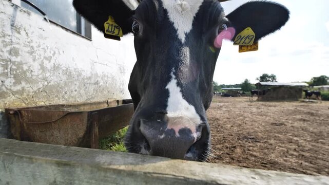 Dairy cow head close up with a yellow ear tag showing its identification number