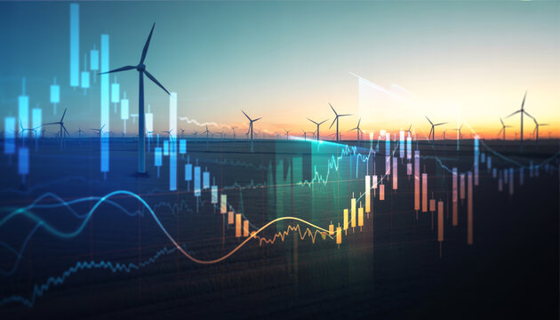 Wind turbine farm renewable energy power generation with financial growth stock market candlestick charts.