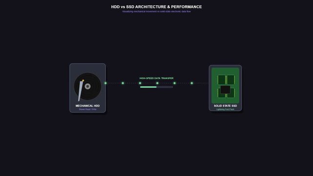 Data transfer diagram comparing mechanical HDD and solid state SSD performance on a dark background.