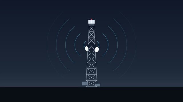 Telecommunication tower broadcasting radio signal waves into the night sky on a dark background.