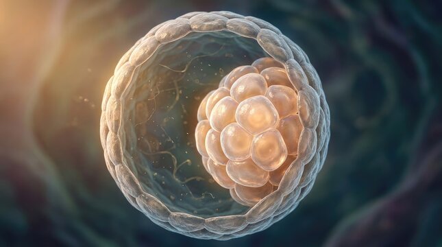 Embryonic stem cell blastocyst, showing division inside a microscopic biological cavity, demonstrating early human development stage, visualizing zygote cleavage during growth process.