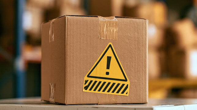 Cardboard parcel box with warning sign symbol inside warehouse facility