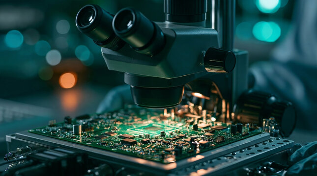PCB inspection microscope over a green circuit board, a binocular stereo microscope with a coaxial illuminator lighting surface mount components on a dark laboratory bench