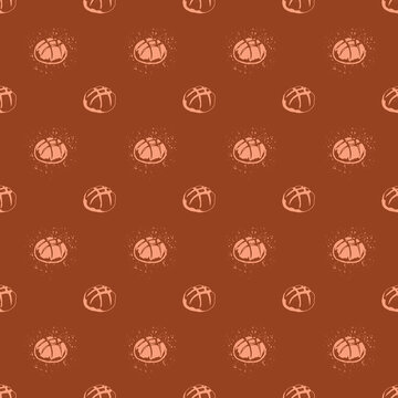 Seamless pattern of hand drawn concha sweet bread on a terracotta background