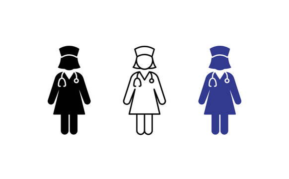 Nurse icon set in flat vector style, female doctor avatar symbols, medical healthcare worker signs for web design and infographics
