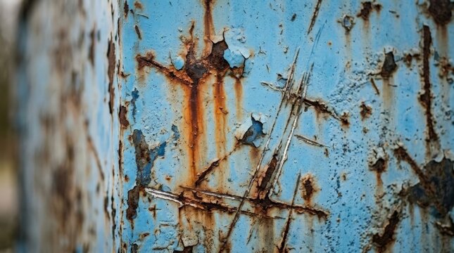 A close up view showcasing a detailed rust texture metal surface with peeling blue paint, deep scratches, and orange corrosion revealing the weathered structural material underneath