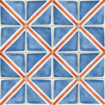 Watercolor geometric tile pattern with blue and orange diagonal lines