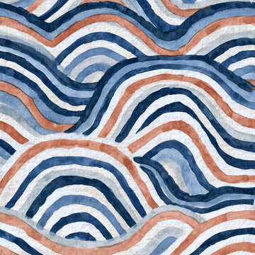 Abstract watercolor wavy stripe pattern in blue and terracotta