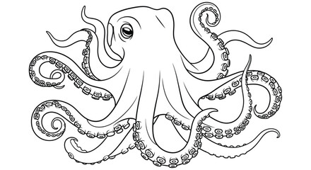 Detailed line drawing depicts an octopus with curled tentacles on a white background © Imdadul_Studio