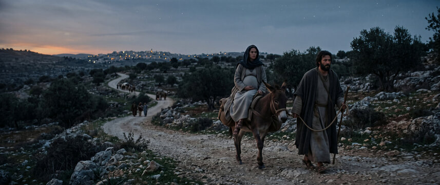 Mary and Joseph Journeying to Bethlehem With Mary Riding a Donkey, Journey Before the Birth of Jesus, Gospel Story
