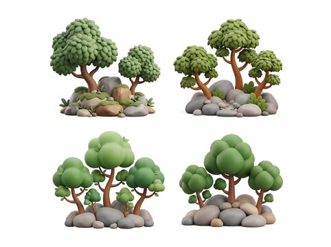 Cute 3D Stylized Rocks and Trees Nature Collection Isolated on White, Generative AI illustrator