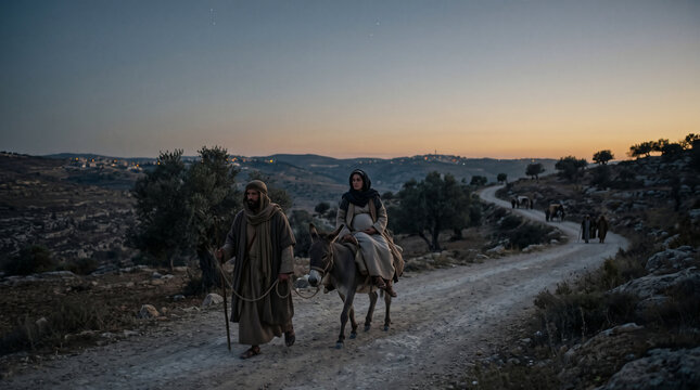 Mary and Joseph Journeying to Bethlehem With Mary Riding a Donkey, Journey Before the Birth of Jesus, Gospel Story
