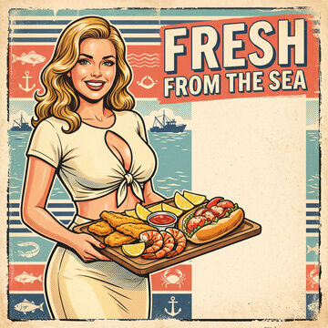 Retro vintage restaurant food social media Instagram posts, ads, banner design with sea seafood platter, woman in nautical theme retro poster with copy space for menu or website banner advertising