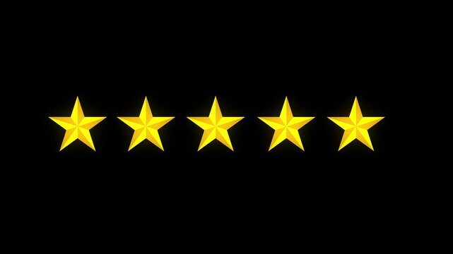 Shiny golden five star rating 4k animation in dark background