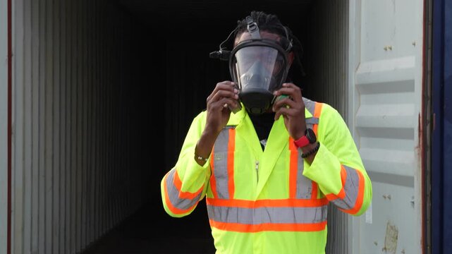 A worker in a neon safety jacket pulls a full face respirator mask over his head before entering a fumigated shipping container at a busy container terminal yard.