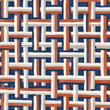 Abstract geometric watercolor seamless pattern with interlocking blue red and beige shapes