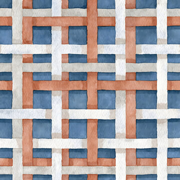 Abstract watercolor geometric woven pattern in blue, terracotta and white