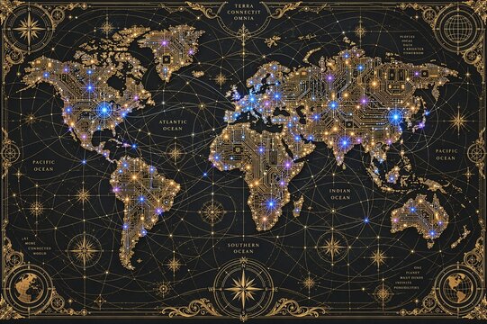 Ornate technology world map background with golden microchip circuitry, neon global networks and latin typography, ideal for luxury puzzles, tech book covers and office wall art