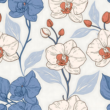 Seamless pattern of blue and white orchids with soft leaves