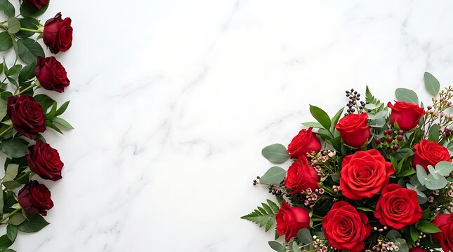 Red roses and bouquet on white marble background