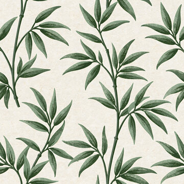 Seamless bamboo leaves pattern on textured paper background