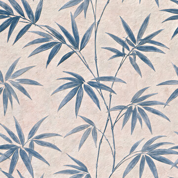 Blue bamboo leaf pattern on textured beige paper background