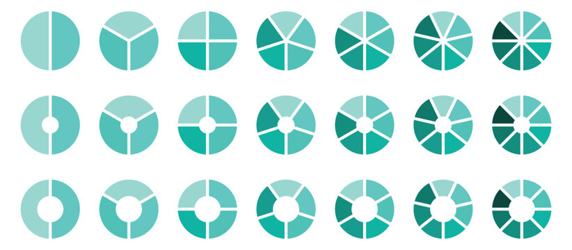 Circle division infographic icon set. Pie chart . Color pizza or donut round diagram. Infographic wheel segment and fraction. Vector illustration. 