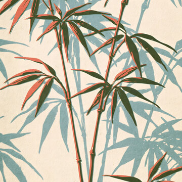Stylized bamboo leaves shadows on textured wall