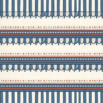 Decorative striped textile pattern with blue and terracotta geometric motifs
