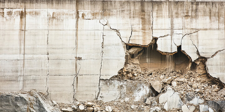 Damaged concrete wall with large cracks and structural failure, showcasing destruction, decay, and environmental collapse for disaster, hazard, safety, engineering, and architectural concepts