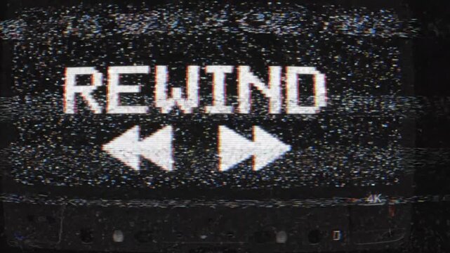 Rewind sign arrows show VHS noise texture with static on TV screen