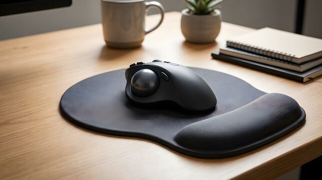 Trackball mouse and padded wrist rest on a wooden desk