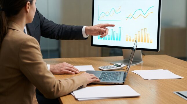 Business team reviewing growth charts on a large monitor with pointing