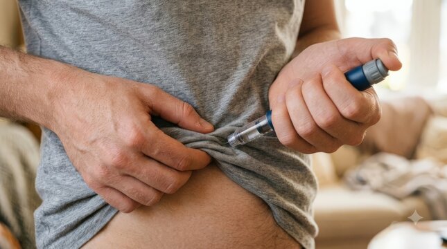 A close-up shot of a man wearing a grey t-shirt holding an insulin pen and preparing to inject himself in the abdomen area at home, focusing on healthcare and self-management