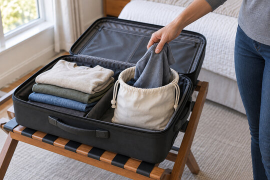 Hand holding clothing over a laundry bag inside a suitcase