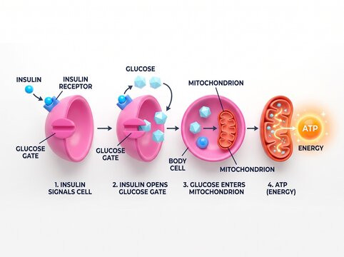 Scientific diagram showing the process of insulin signaling and glucose metabolism in human body cells.